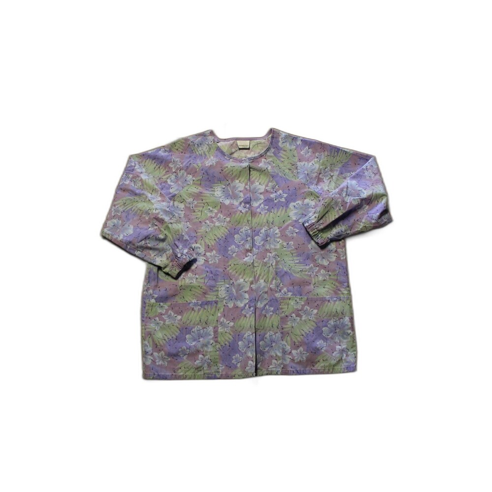 White Swan Fundamentals Scrub Top Purple Floral Print Sz Small Pockets L Sleeve